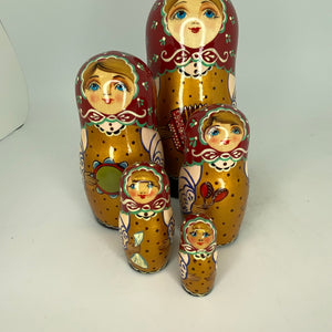 Russian Matryoshka Nesting Doll Set, Gold and Red